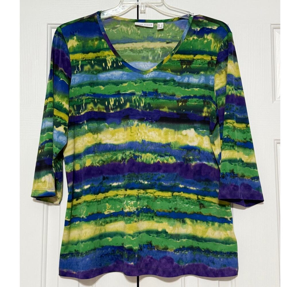 Susan Graver Knit 3/4 Sleeve Striped Multi-Color Blouse/Top, Size L